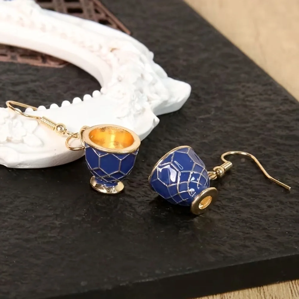 NEW Elegant Blue and Gold Cup Earrings. gift. Unique Earrings ☕️ 💙 A7-227